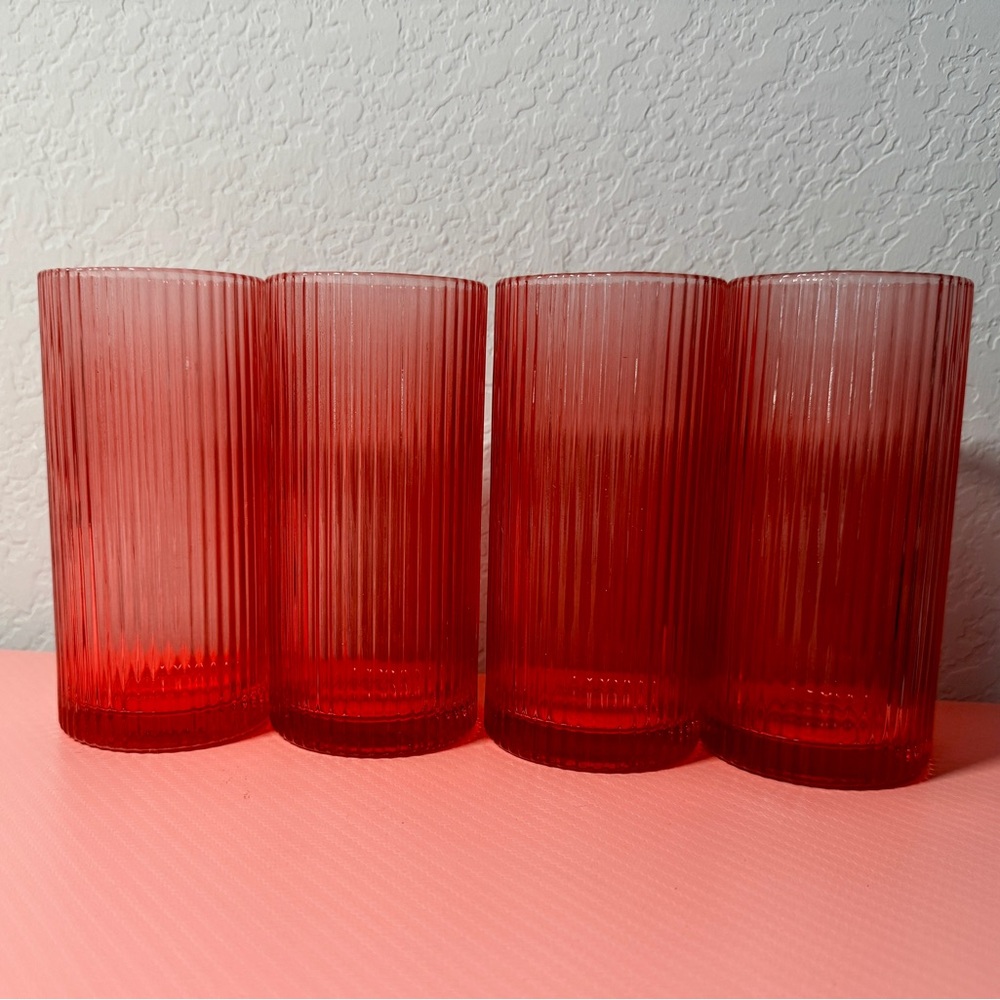 Set of 4 Ribbed Glass Tumblers 12oz | Coffee Bar Aesthetic | Cocktail Glasses